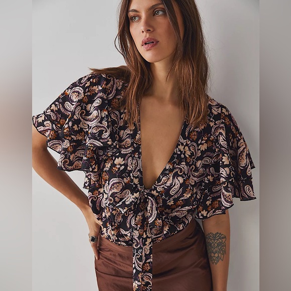 NEW Free People Call Me Later Printed Bodysuit In Black Combo - Picture 3 of 14